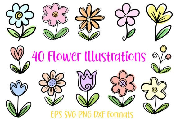 40 Heart Doodle Flowers: Graphics & Illustrations