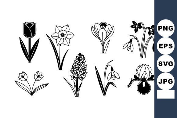 Black and White Spring Flowers Vector Se: Graphics & Illustrations