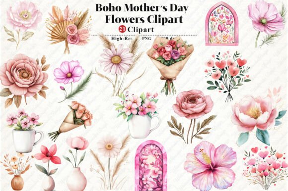 Boho Mother's Day Flowers Clipart: Graphics & Illustrations