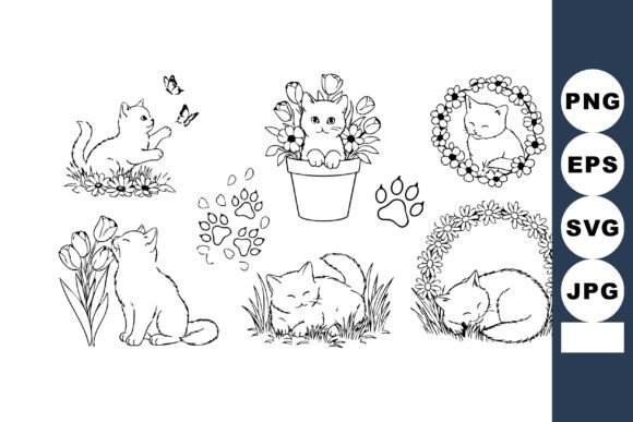 Cat and Flowers Vector Illustration with Graphics