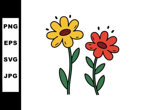 Colorful Yellow and Red Flowers with Gre: Graphics & Illustrations