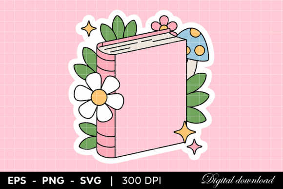 Cute Pink Book Graphics: Floral & Mushroom Illustrations
