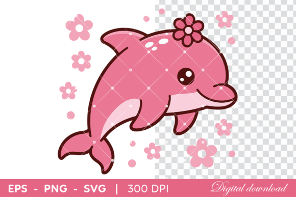 Cute Pink Dolphin with Flowers: Graphics & Illustrations
