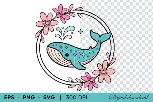 Cute Whale with Flowers Cartoon: Graphics & Illustrations