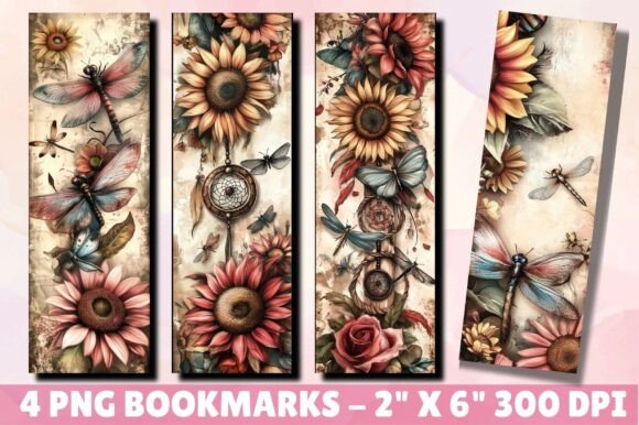 Dragonfly on Top of Flowers Bookmark: Graphics & Illustrations
