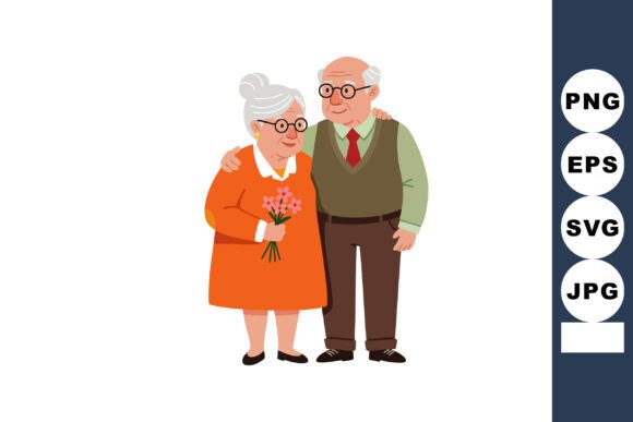 Elderly Couple Embracing with Flowers in Graphics & Illustrations