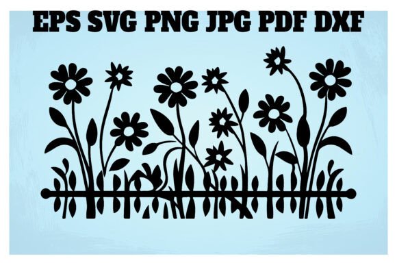 Fence with Flowers Vector Black: Graphics & Illustrations