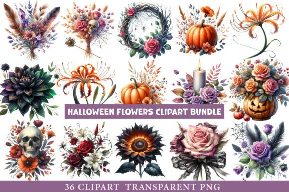 Halloween Flowers Clipart Bundle: Premium Graphics & Illustrations