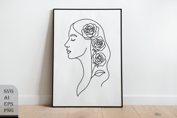 Outline Woman s Head with Roses: Graphics & Illustrations