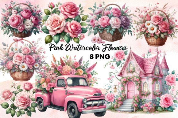 Pink Flowers Watercolour Clipart: Graphics & Illustrations