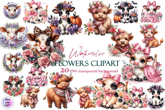 Watercolor Baby Cute Cow Flowers: Graphics & Illustrations