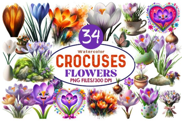 Watercolor Crocuses Flowers ClipArt: Graphics & Illustrations